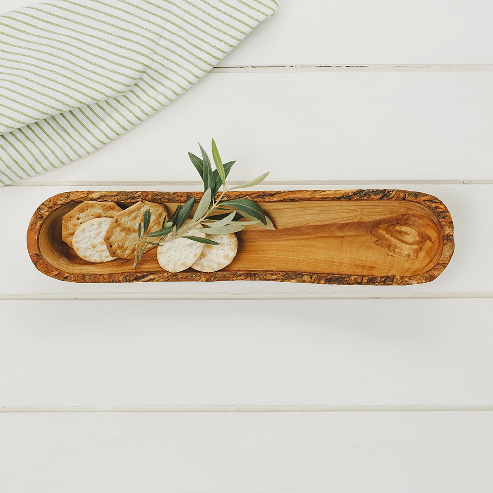 Olive Wood Bread Dish with crackers and herbs